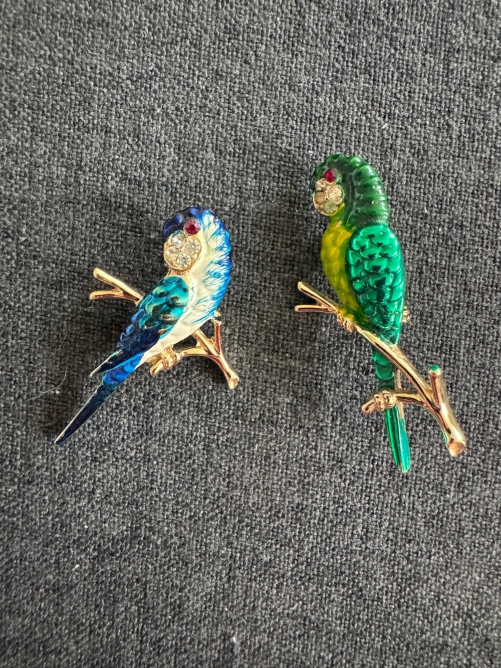 Vintage Parrot Brooch Duo in Green and Blue